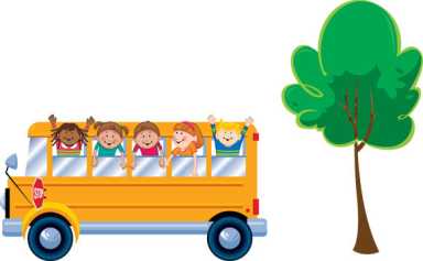 illustration of a yellow bus carrying smiling children, driving past a green tree on a light background.
