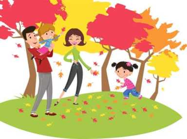 Illustration of a happy family playing in a park with colorful autumn trees and falling red and orange leaves.