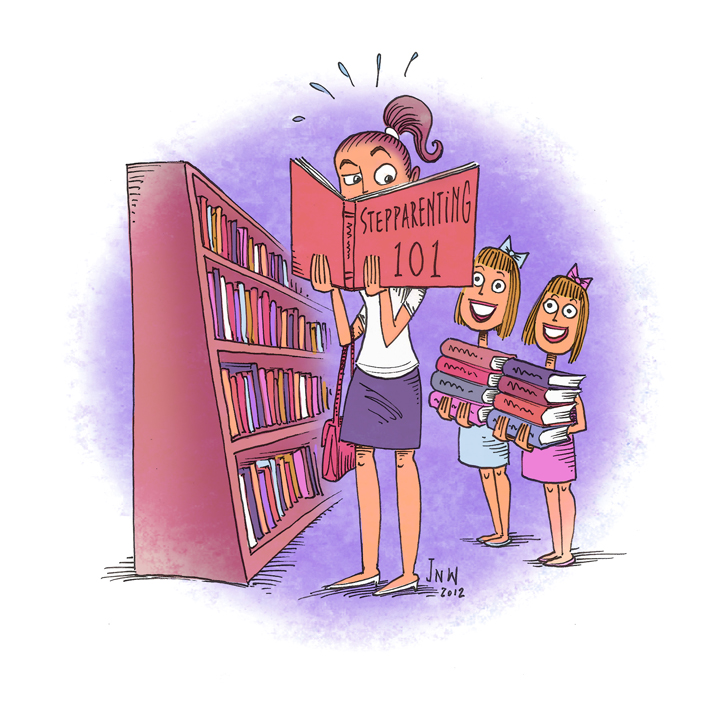 Cartoon of a wide-eyed woman reading a "Stepparenting 101" book while two smiling girls hold stacks of books nearby.