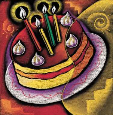 Stylized illustration of a birthday cake with lit candles and swirl decorations on a colorful plate.