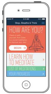 A white smartphone displaying a meditation app with a "How Are You?" prompt and an illustration of a person meditating.