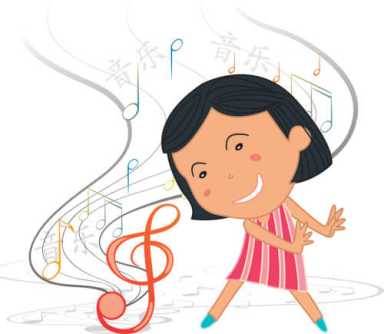 Cartoon of a smiling girl dancing amid floating musical notes, a red treble clef, and Chinese Mandarin characters.