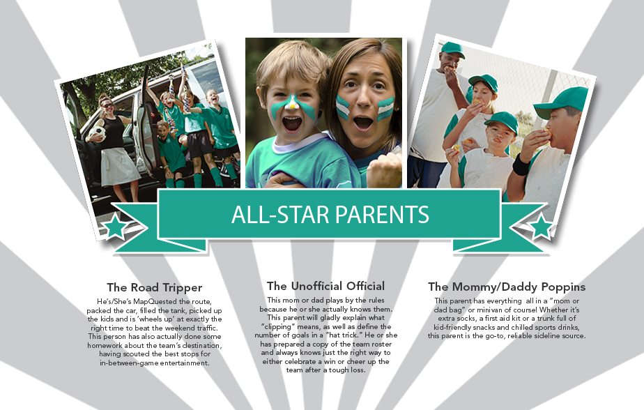 Graphic with three photos of families at sporting events above text descriptions titled "ALL-STAR PARENTS."