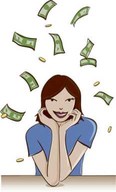 Cartoon illustration of a smiling woman resting her chin on her hands as paper money and gold coins fall around her.