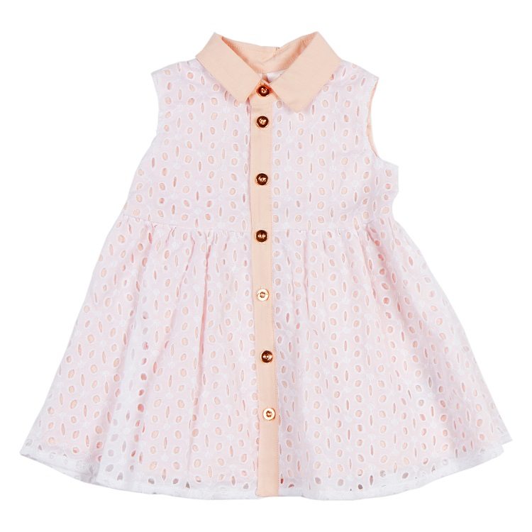 White/Light Pink Eyelet Sleeveless Button Down Dress