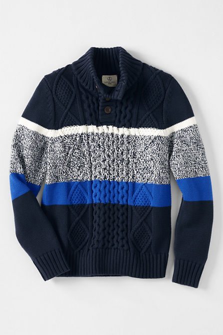 Lands' End Boys Holiday Colorblock Button Mock Neck Sweater