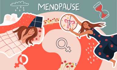 A collage about women's health. World menopause day. Gynecology. Poppies as a symbol of menstruation. Sleep disturbance, a symptom of menopause. Woman with clock with uterus.Hand drawn vector.