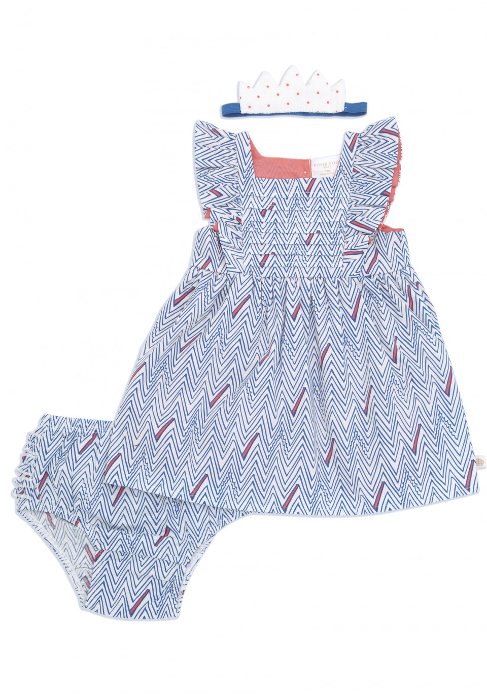 3-Piece Ruffle Dress with Crwon-Zigazag Print