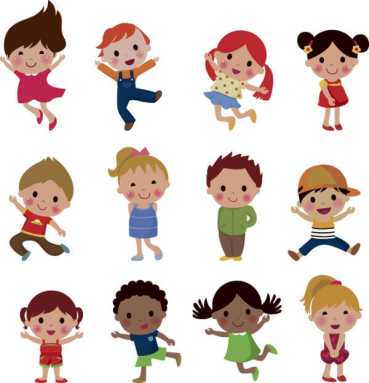 Twelve cartoon illustrations of diverse, happy children in various playful poses against a white background.