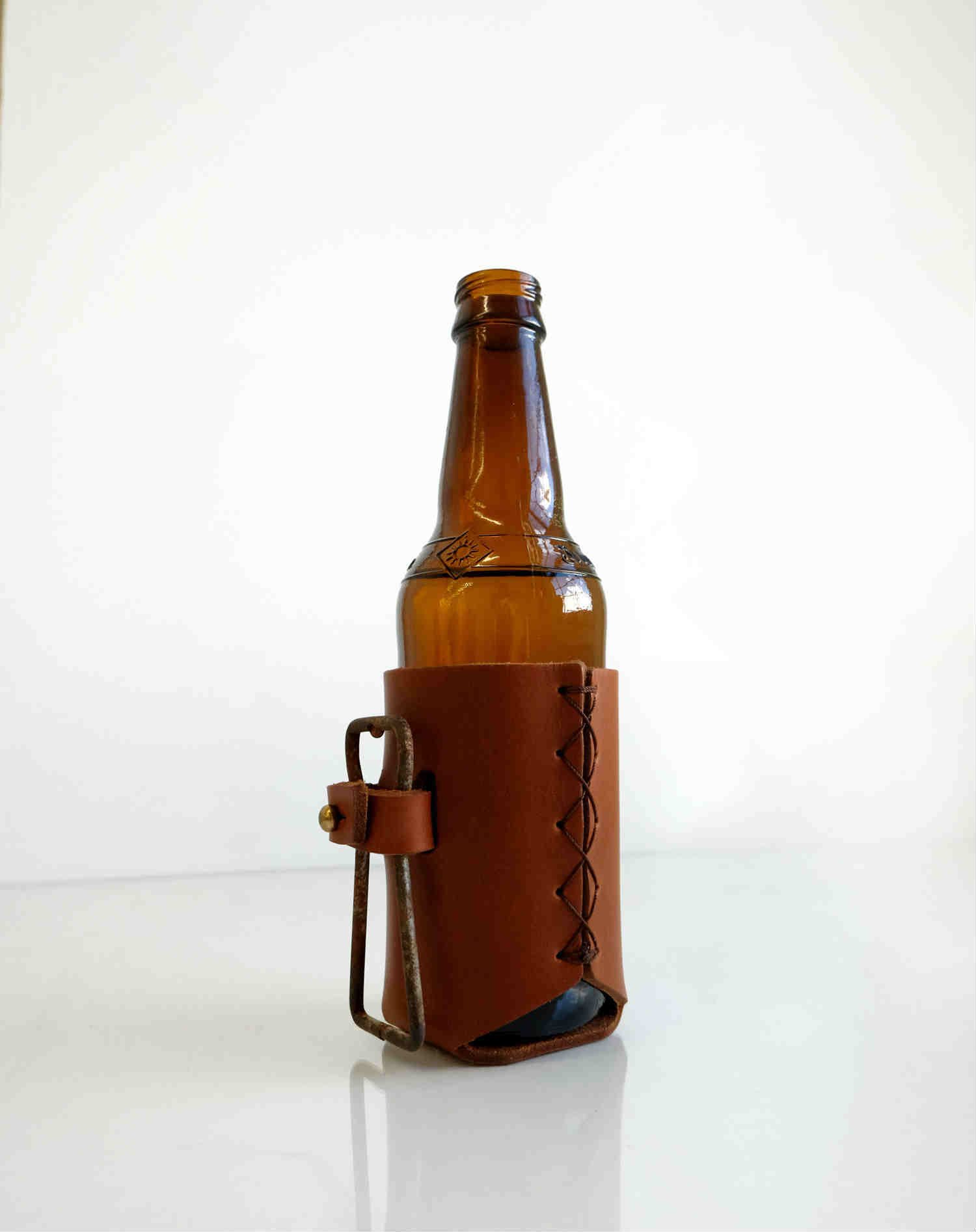 Awl Snap Forge Leather Beer Holder With Vintage Bottle Opener