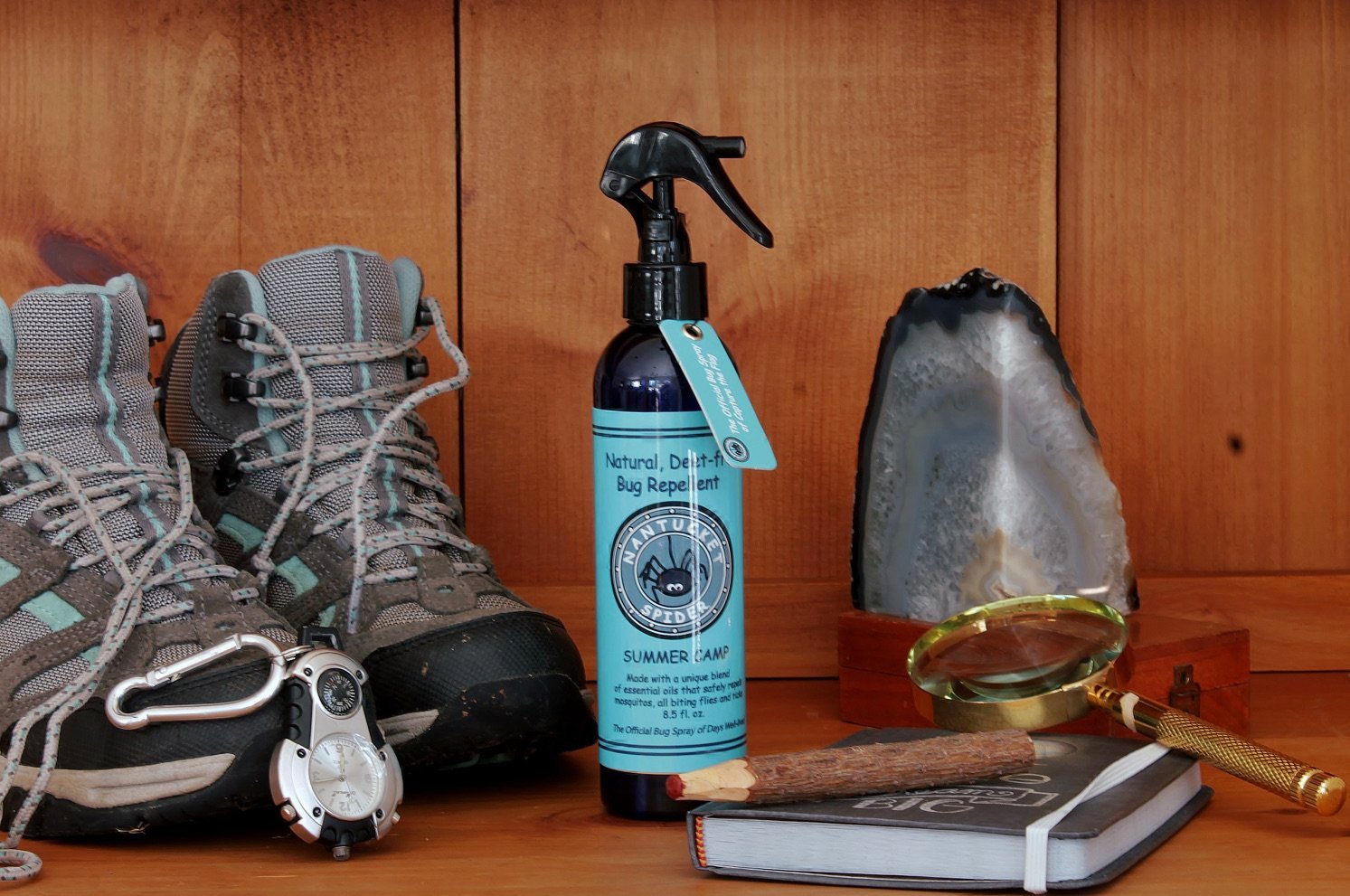 bug spray on rustic shelf