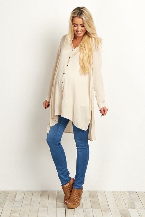 Ivory Front Button Tunic: Pink Blush