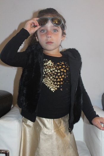 Imoga Ariana  Tee, Pearl Faux Fur Vest and Ingrid Gold Skirt