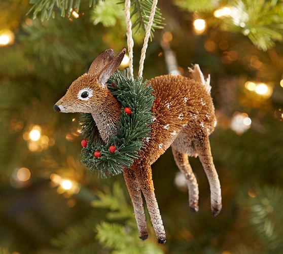 Pottery Barn Bottle Brush Deer with Wreath Ornament