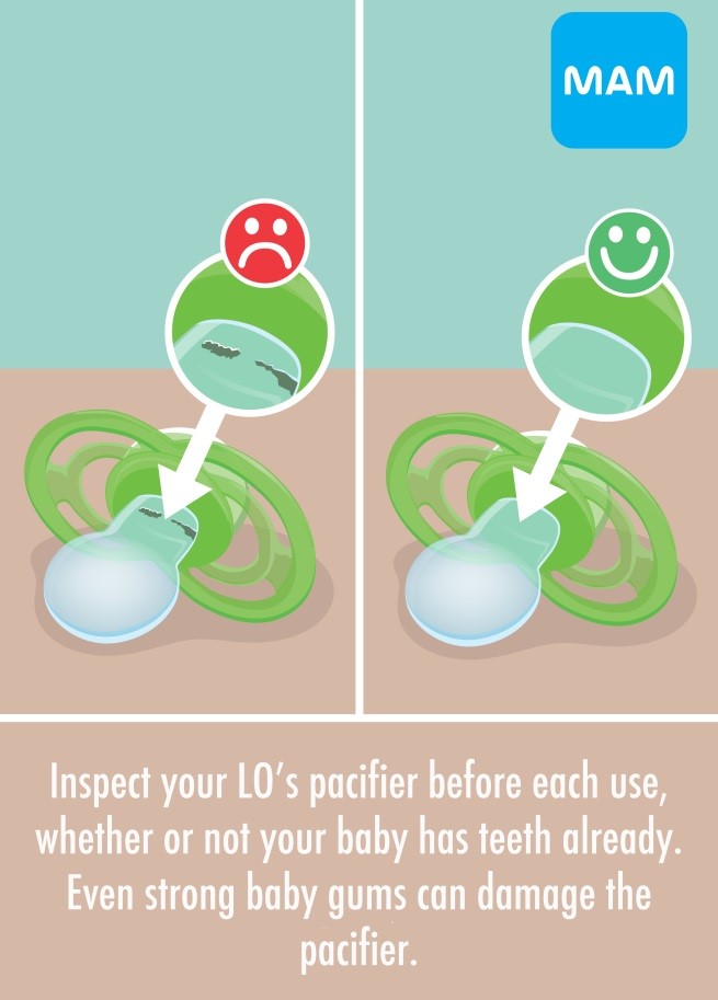 Before placing a pacifier in baby’s mouth, check to see if there is any damage