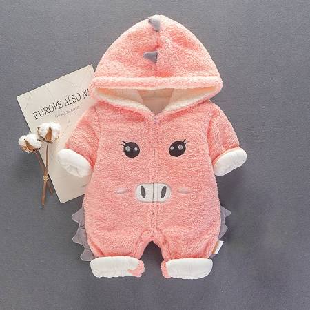 Cuddly Hooded Pig Print Zip-Up Long-Sleeve Jumpsuit