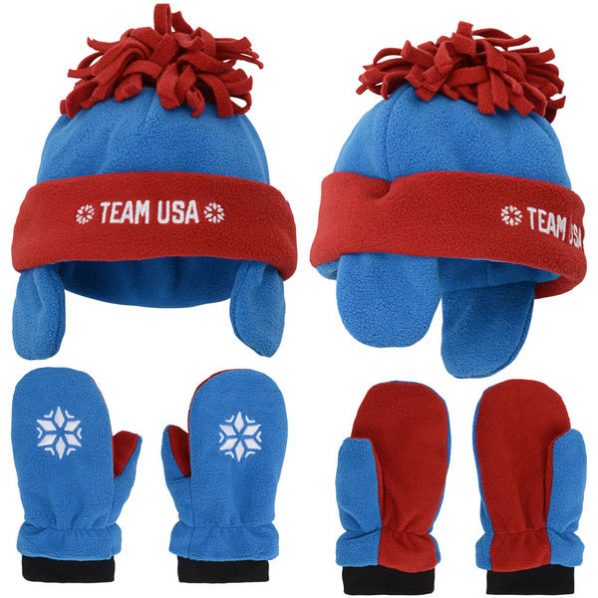 Infant Blue/Red Team USA Trapper Knit Hat and Mittens Set