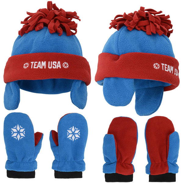 Infant Blue/Red Team USA Trapper Knit Hat and Mittens Set