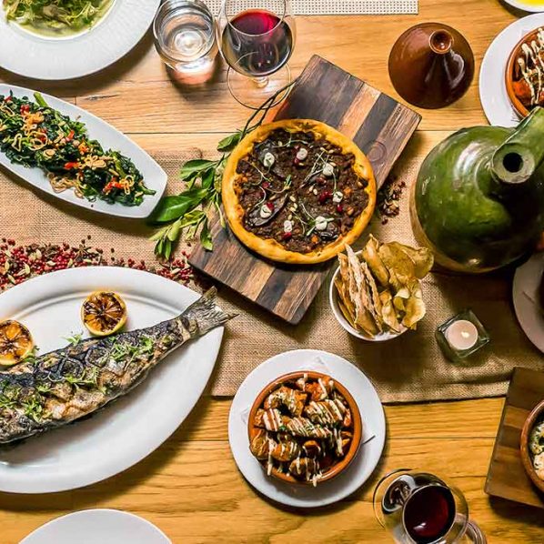 spread of food on wooden table