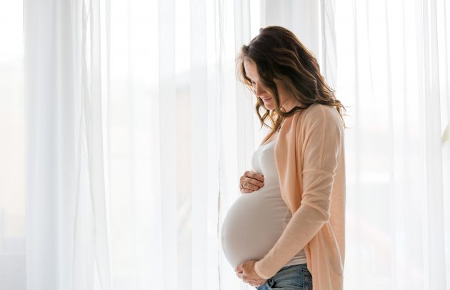 Portrait of young pregnant attractive woman, standing by the window, dressed in casual clothing, day before due date