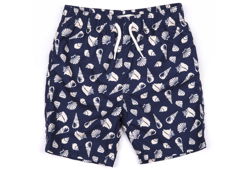 navy blue swim shorts with seashell print