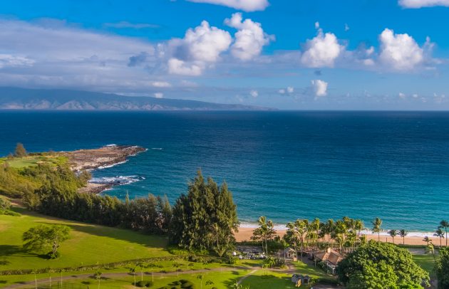 aerial shot of maui and the beach