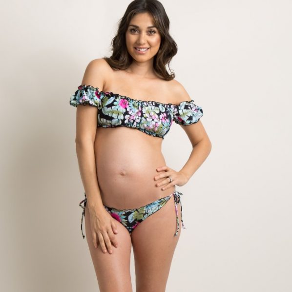 PinkBlush Black Tropical Floral Ruffle Open Shoulder Maternity Bikini Set