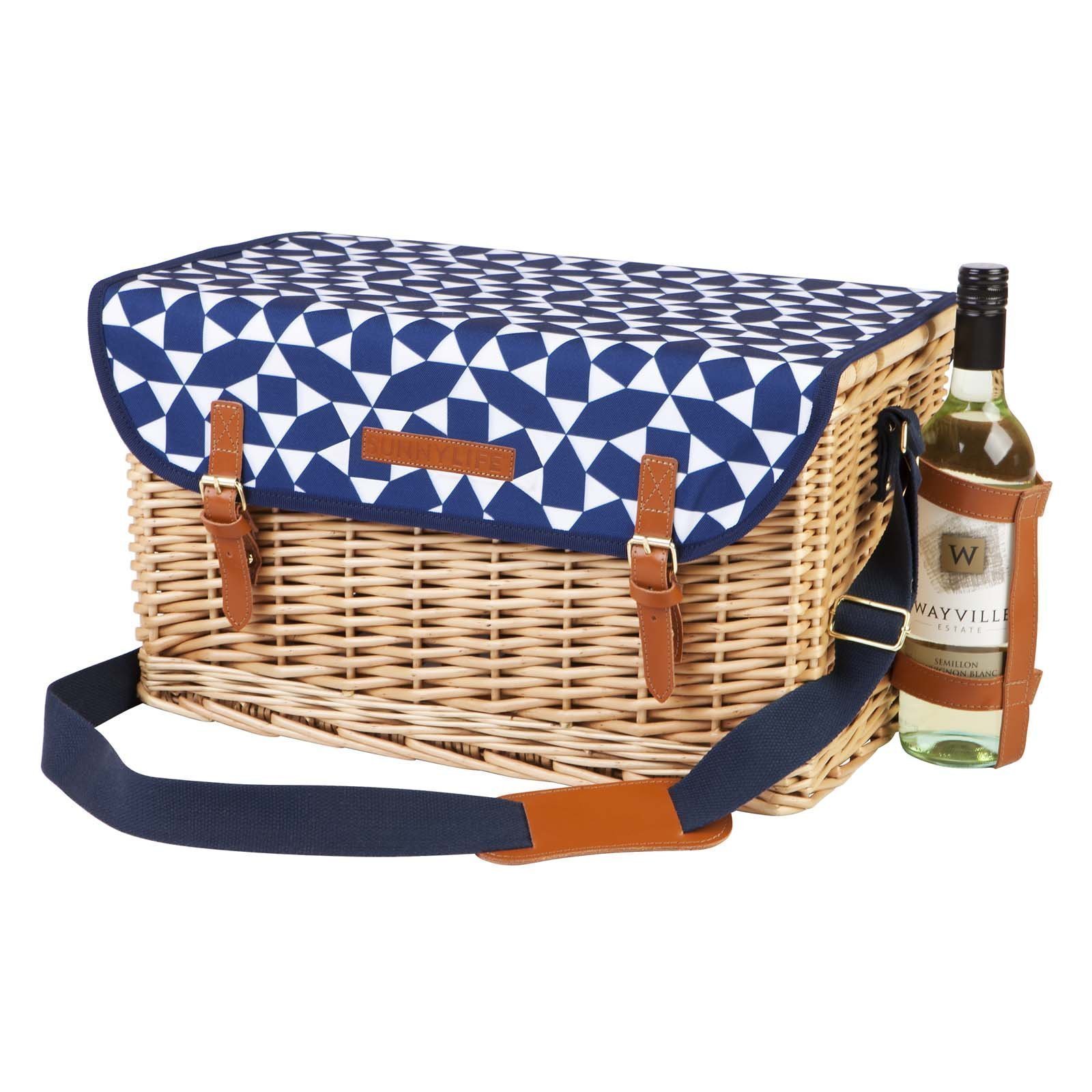 picnic basket with blue and white cover