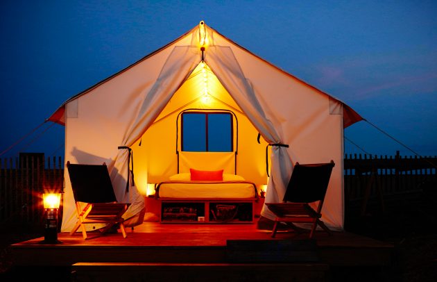 glamping tent at dusk