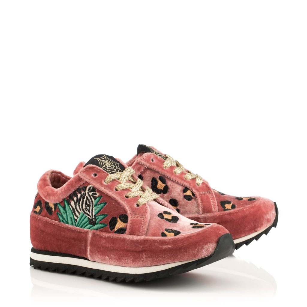 pink crushed velvet sneakers with animal print