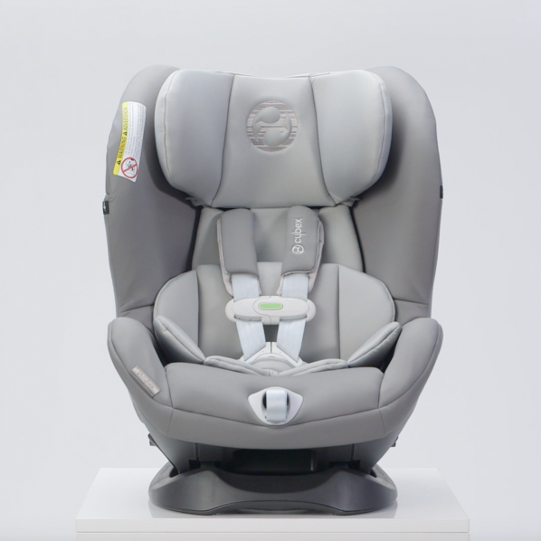 grey smart-[hone connected car seat on a light grey background