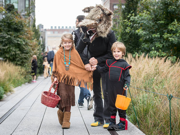 kids on high line dressed up trick-or-treating