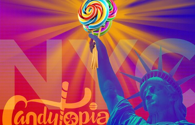 rainbow colord graphic with the statue of liberty holiding a big lollipop