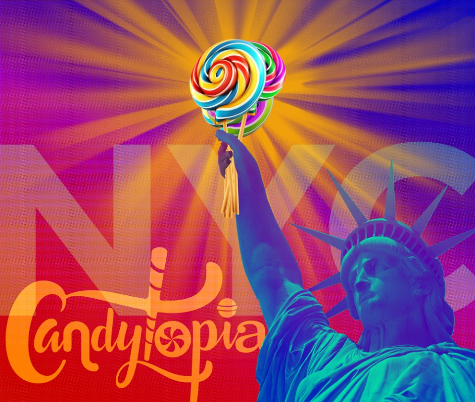 rainbow colord graphic with the statue of liberty holiding a big lollipop