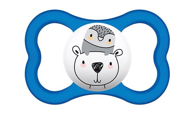 pacifier with blue border and cute animal graphic in the center