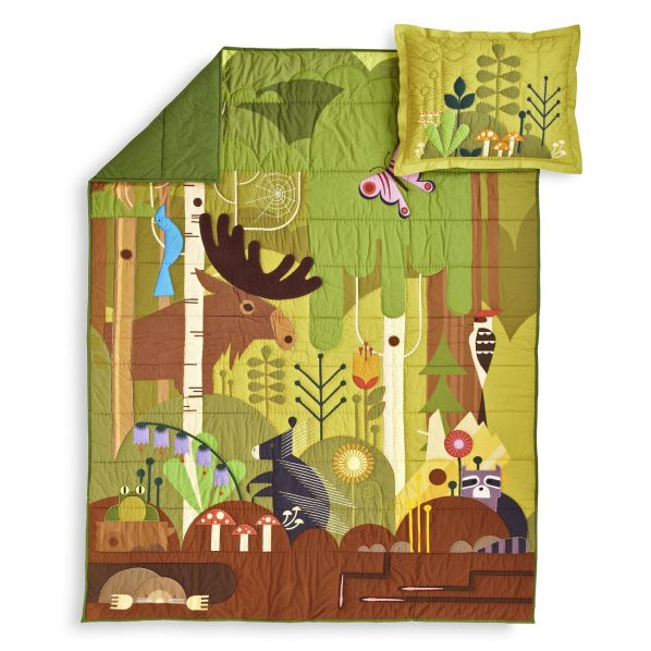 quilt with forest animal scene sewed on the front