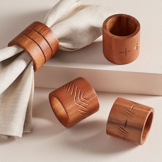 FEED Hand-Carved Wood Napkin Rings (Set of 4)