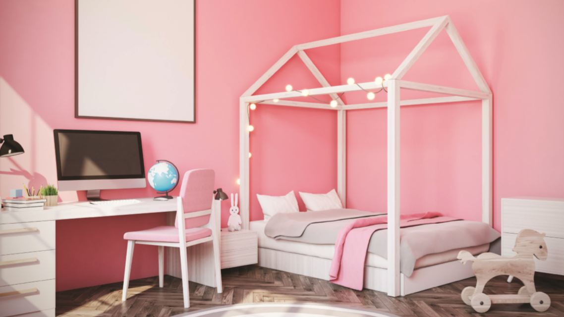 cute child's bedroom with pink walls and mod furntiure
