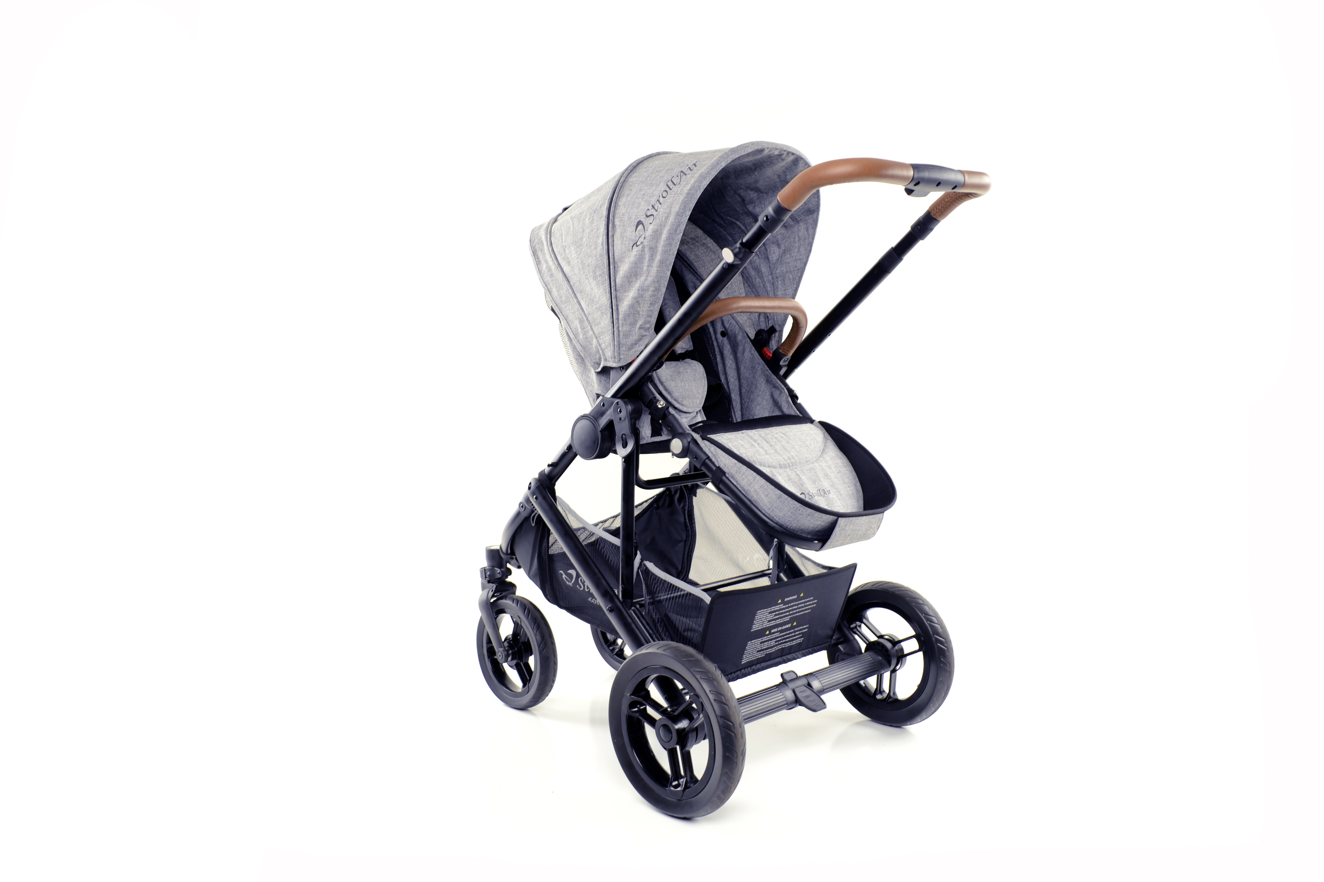 sleek grey stroller with leather handle