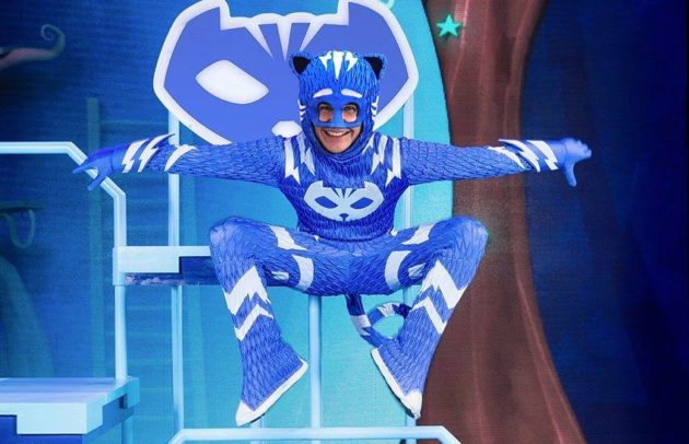 actor dressed as a blue cat in a children's musical