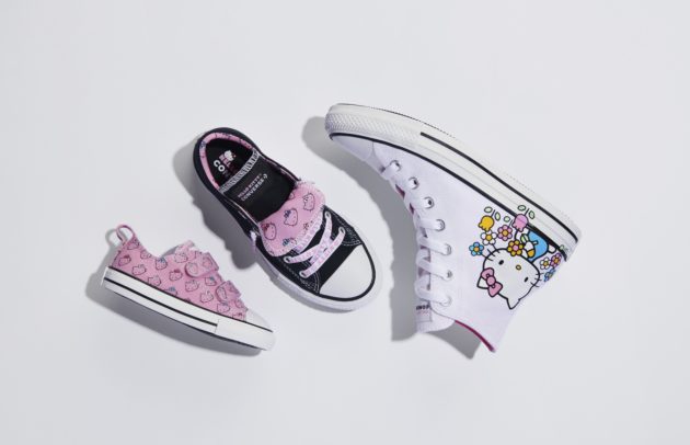 three cute canvas sneakers in a flatlay with hello kitty graphics