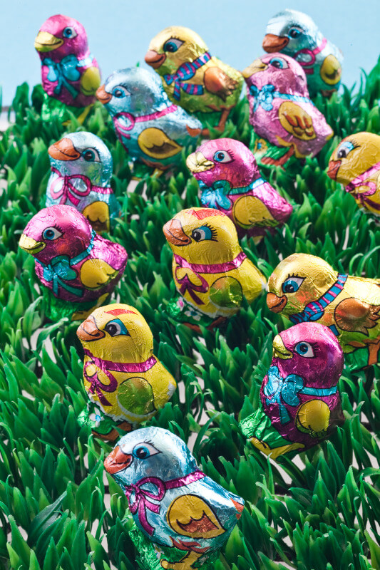 Chocolate chicks wrapped in colorful foil
