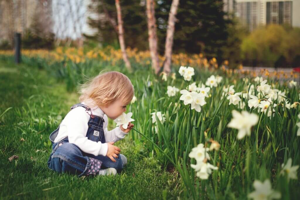 child smelling the flowers