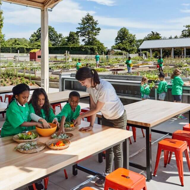 Woman Helps Kids Prepare and Serve Salad in Outdoor Garden Setting