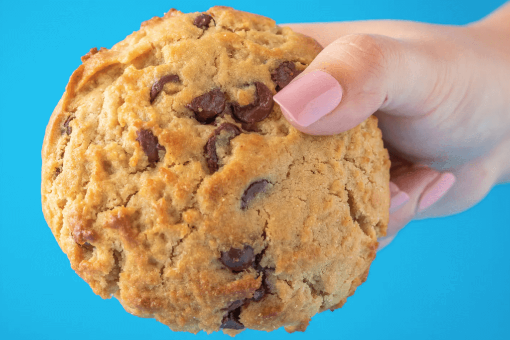a hand holds a chocolate chip cookie set against a blue background