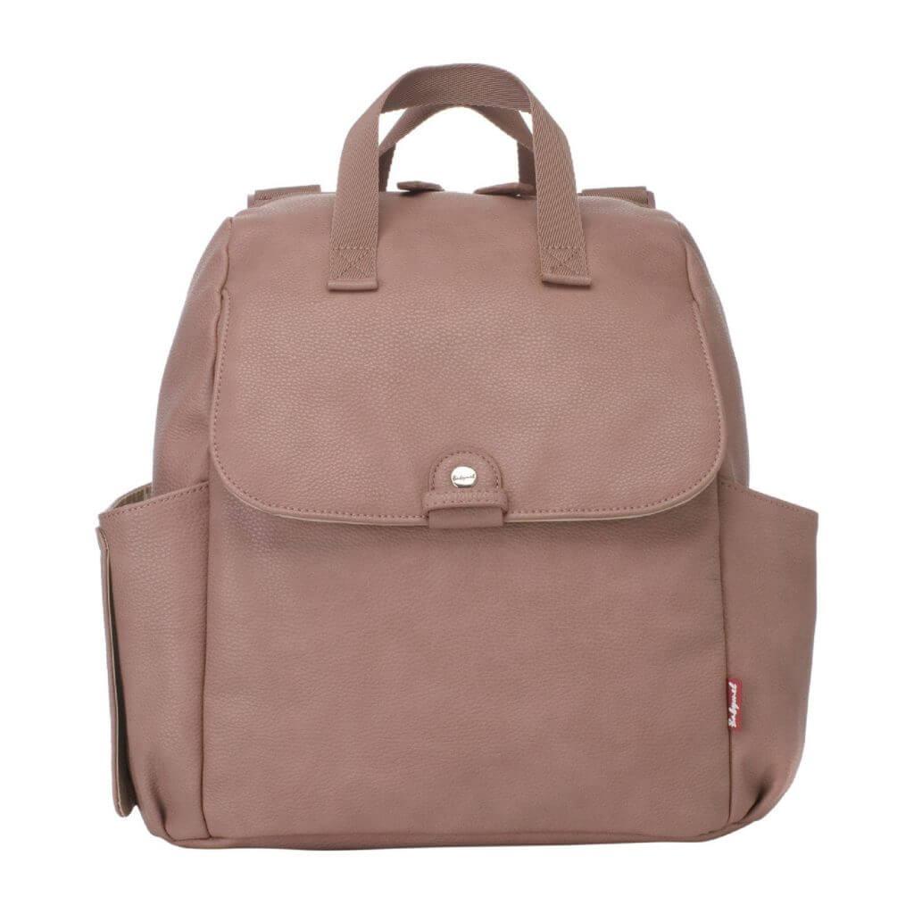 a dusty rose-colored faux leather backpack