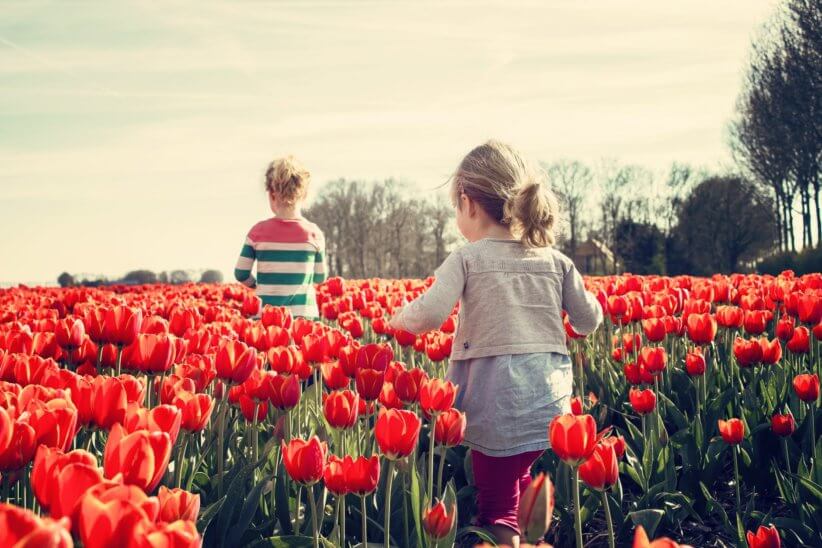 Girls in flower field