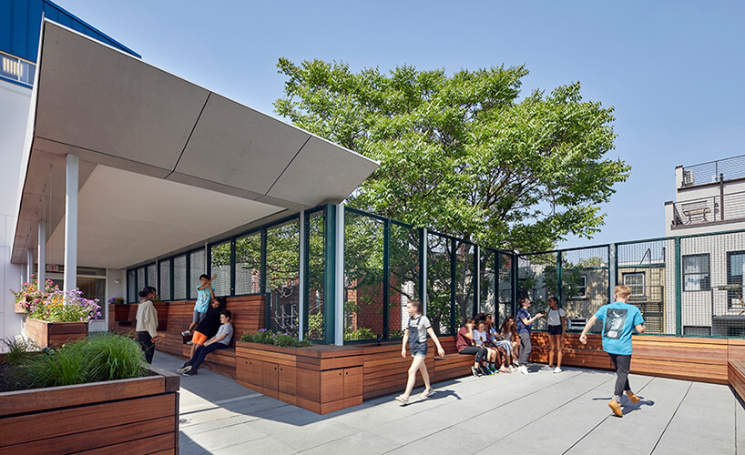 
Children are spending time in a modern outdoor school courtyard with benches and large planters, under a shady tree and open sky.