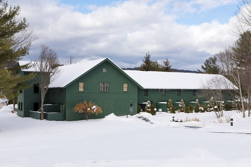 Green building with snowy roof surrounded by white winter landscape, cloudy sky, and pine trees, evokes peacefulness and serenity.