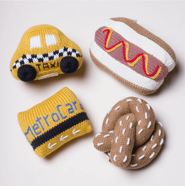 New York City Baby Gift Set - Organic Newborn Toy Rattles | Taxi, Metro Card, Hot Dog & Pretzel